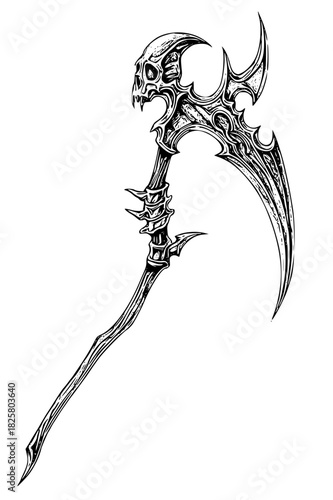 Intricate dark fantasy scythe with a menacing skull design