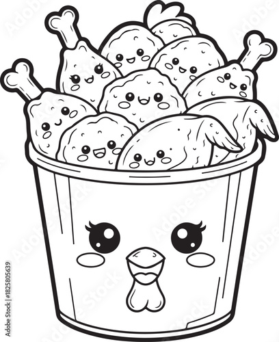 Adorable kawaii style coloring page featuring a bucket of cute fried chicken pieces with happy faces, Generative Ai