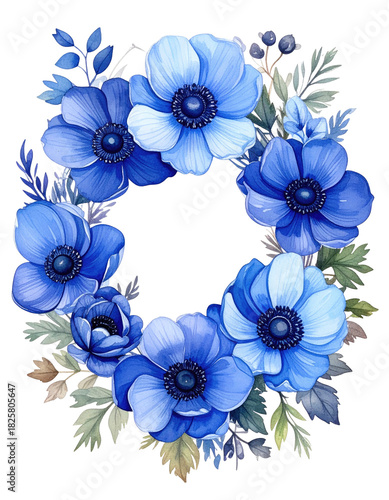Blue anemone wreath, leaves, and berries on black backdrop