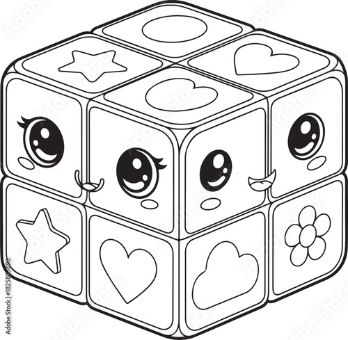 Cute kawaii style coloring page featuring a transforming cube toy with adorable faces and fun shapes, Generative Ai