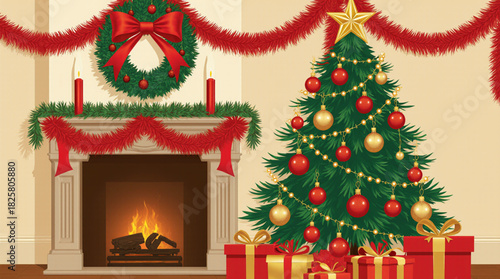 Cozy christmas scene with decorated fireplace and tree