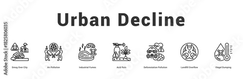 Urban Decline Modern and clean web banner illustration featuring thematic icons for visual communication