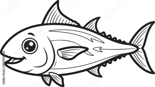A charming black and white cartoon illustration of a happy tuna fish swimming in the ocean, Generative Ai