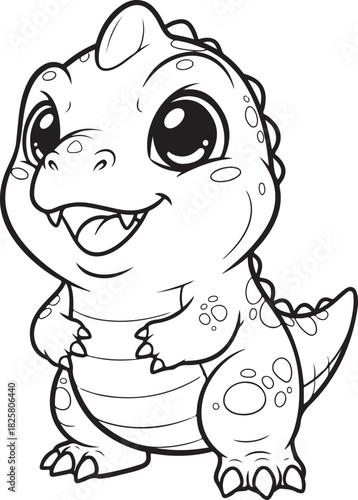 Adorable baby dinosaur coloring page featuring a cute cartoon tyrannosaurus rex with big eyes, Generative Ai