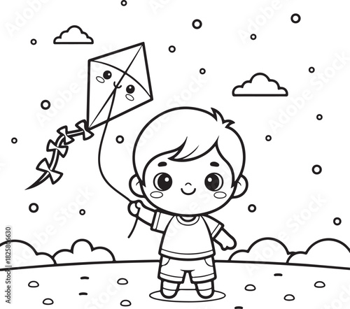 Adorable kawaii style coloring page of a happy boy flying a diamond kite on a sunny day, Generative Ai