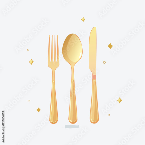 Golden Cutlery Set Fork Spoon Knife With Sparkling Lights On White Background