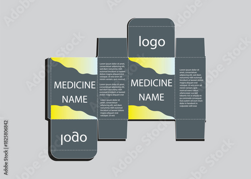 Medicine Box Packaging Design. Dark Grey Pharmaceutical Product Carton Template with Yellow Accent Panels.