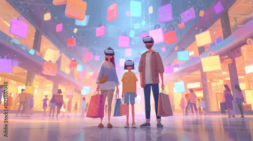Vibrant futuristic illustration of a family exploring immersive VR shopping in a glowing digital mall filled with holographic icons and modern tech ambience.
