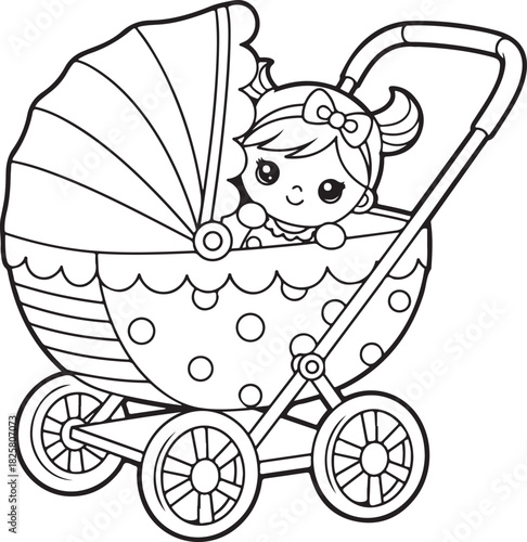 Adorable baby girl with big eyes peeking out from a vintage style stroller ready for a walk, Generative Ai