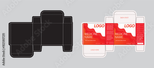 Medicine Product Packaging Box Template. Red and White Pharma Carton Design with Die Cut Layout and Mockup Panels.