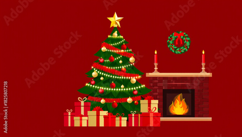 Cozy christmas scene with decorated tree and fireplace