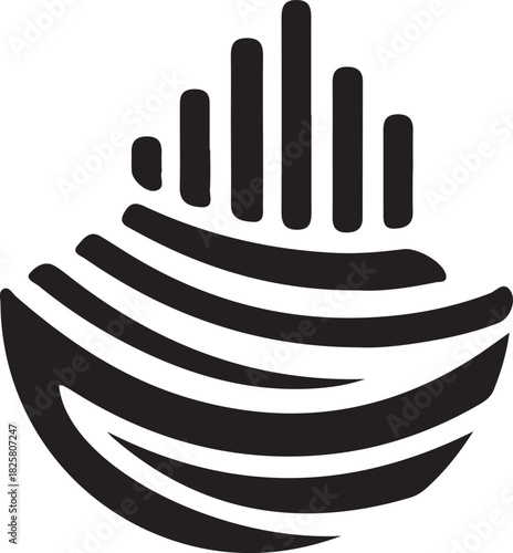 Abstract flowing lines and rising bars represent data visualization digital networking or growth concept in dark black color