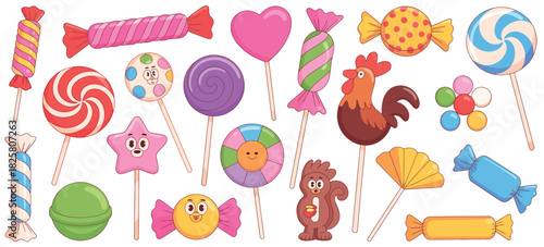 Cartoon Sweets Collection With Lollipops And Fruit Candies In Playful Colorful Style, Including Caramel Treats And Chewing Gums, Fun Holiday Confectionery Vector Illustration