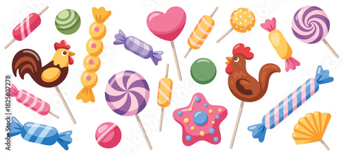 Cartoon Sweets Collection With Lollipops And Fruit Candies In Playful Colorful Style, Including Caramel Treats And Chewing Gums, Fun Holiday Confectionery Vector Illustration