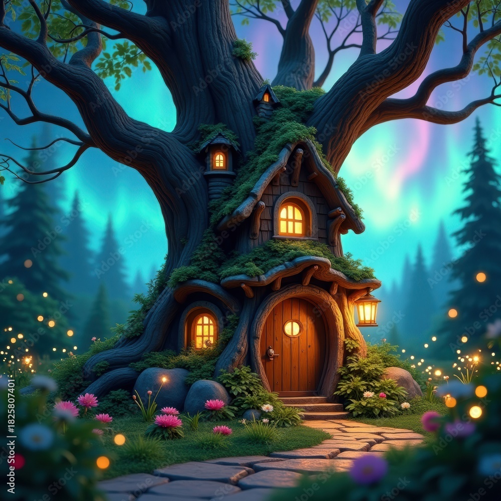 Obraz premium Enchanted forest home nestled in a giant ancient tree with glowing lights