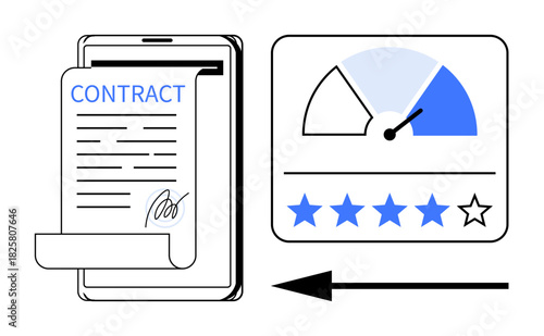 Contract management. Digital signature on an agreement displayed on a tablet. Contract improves efficiency in legal and business operations. For e-commerce, ratings, fintech, customer reviews