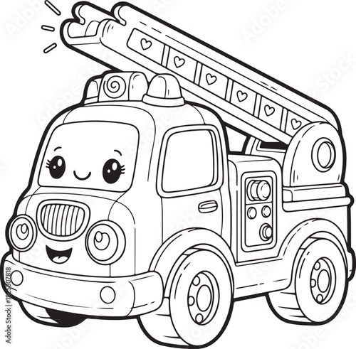 Adorable cartoon fire truck with extending ladder and smiling face for coloring fun, Generative Ai