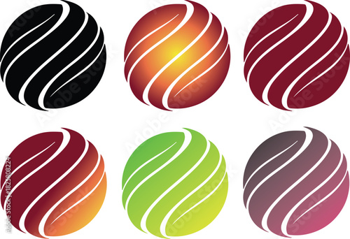 Set of abstract swirl globe sphere logos with dynamic lines vector illustrations in various colors design elements template