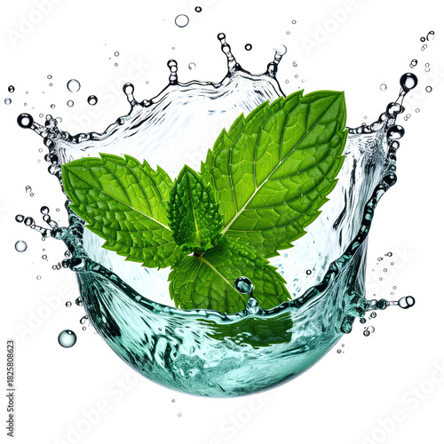 Mint leaves splash! Water surges; vibrant greens against black
