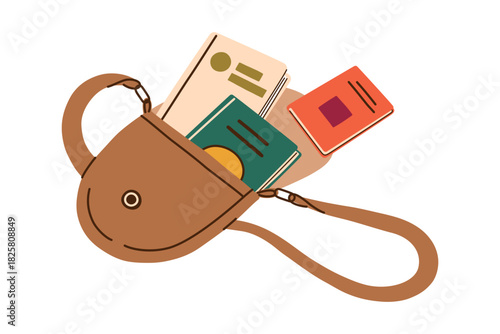 Vector illustration with flat cartoon leather bag filled with books, cozy reading composition, study and hobby mood, personal time theme for lifestyle projects, calm self care atmosphere