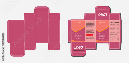 Medicine Product Packaging Box Template. Pink and Orange Pharma Carton Design with Die Cut Layout and Mockup Panels.