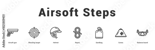Airsoft Steps Modern and clean web banner illustration featuring thematic icons for visual communication