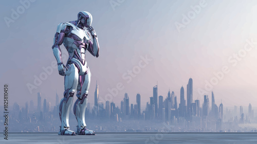 Futuristic humanoid AI robot overlooking a high-tech city skyline, symbolizing innovation, robotics evolution, and the transformative future of intelligent technologies.