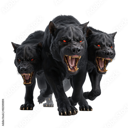 Three headed black dog with glowing red eyes isolated on a transparent background 1