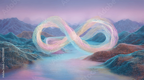 Abstract infinity-shaped AI data streams flowing through stylized pastel mountains, symbolizing connection, continuity, and the boundless future of intelligent digital systems.