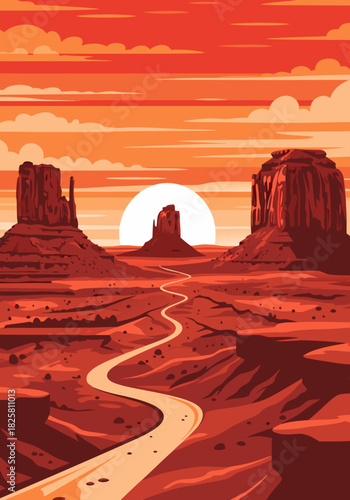 Vibrant Vector Illustration of a Desert Road Winding Towards a Brilliant Sunset Amidst Majestic Mesas and Buttes, Evoking Adventure and Grandeur
