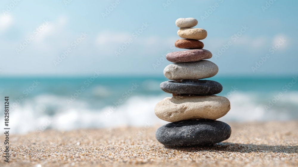 Fototapeta premium Rocks are carefully balanced to form a tower on a sandy beach. The ocean waves roll gently in the background under a clear blue sky on a bright day.