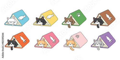 Calico Kitten Reading Book In Relaxed Sleeping Pose, Simple Cartoon Character In Clean Doodle Style, Charming Pet Symbol For Logos And Decorative Projects, Vector Illustration