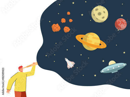 man watching night starry sky through telescope