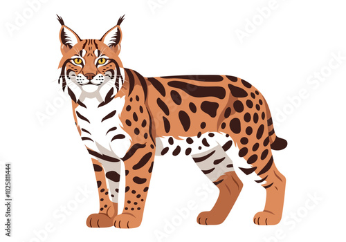 A striking illustration of a bobcat, a medium-sized wild cat known for its distinctive spotted coat and tufted ears, standing proudly in a natural pose