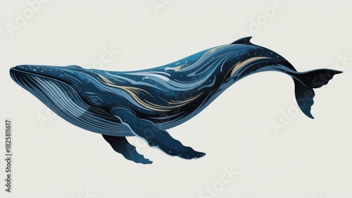 Fototapeta Naklejka Na Ścianę i Meble -  Artistic blue whale with swirling ocean patterns, marine life art
