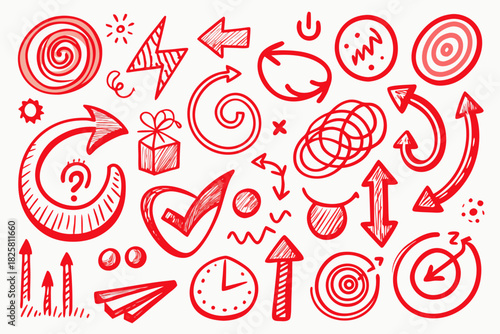 large clustered hand drawn red pen ink icons  