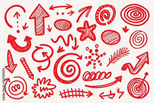 large cluster hand drawn red pen icons  