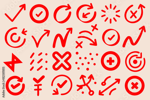 sheet filled red hand sketched symbol set  