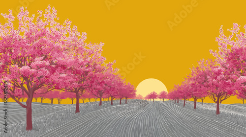 Blooming pink apple orchard at sunrise with stylized tree rows and textured fields perfect for modern seasonal nature presentations.