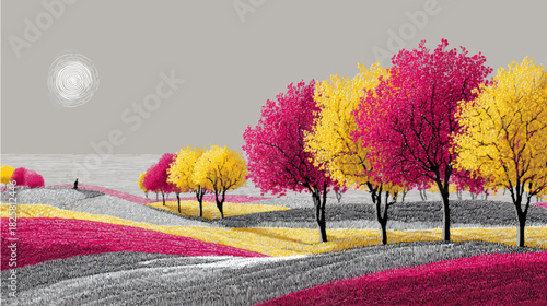 Vibrant stylized apple orchard landscape with pink and yellow blossoms forming flowing fields and trees for elegant nature presentations.