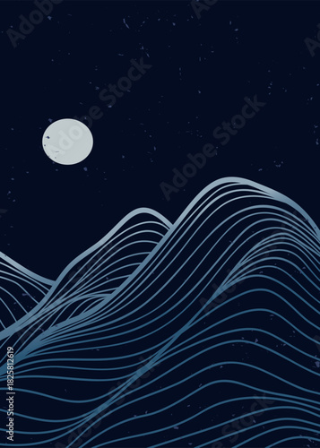 Minimalist Mountain with line art texture. Abstract mountain landscapes backgrounds. mountains range, hills and moonlight. use for wall art prints, poster Art Decoration, banner