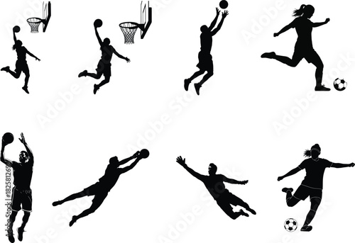 Silhouettes of female athletes playing basketball soccer and handball