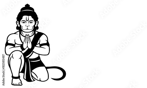 Lord Hanuman kneeling in prayer pose, black and white vector line art illustration, Hindu deity Anjali Mudra, spiritual devotion graphic design icon, Ramayana mythology symbol