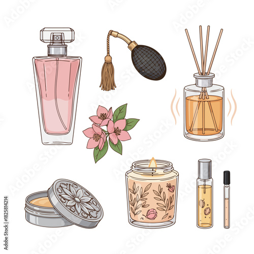 Elegant Perfume, Cosmetic, and Aromatic Spa Essentials Set Illustration