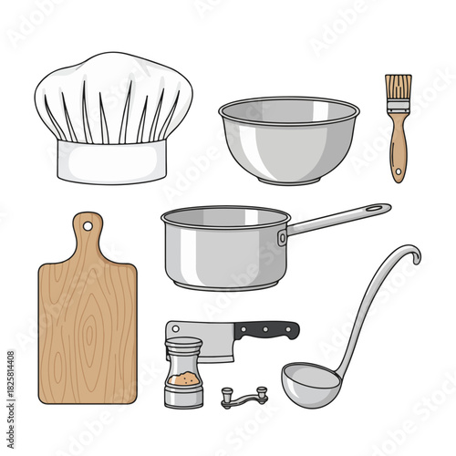 Kitchen Cooking Tools and Chef Hat Set Illustration