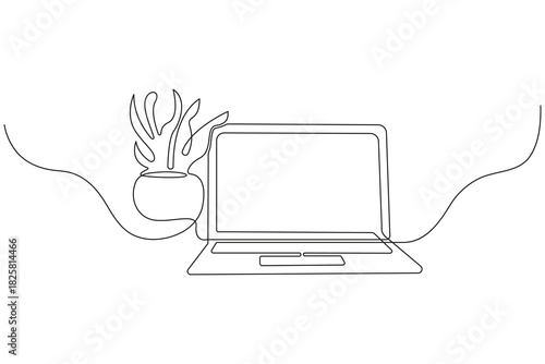 Laptop abstract continuous one line drawing digital communication concept isolate outline vector illustration on white background.