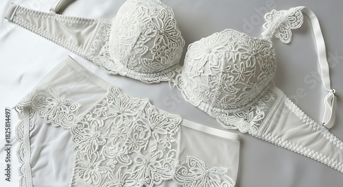 Elegant white lingerie set lace bra and panties on a surface