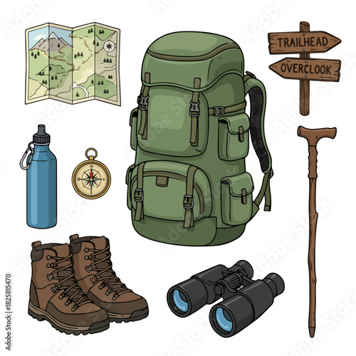 Hiking and Trekking Gear Essentials Set. Outdoor Adventure Equipment with Backpack, Boots, Map.
