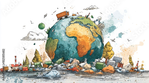 Earth surrounded by overflowing waste and recycling items in a textured eco-themed vector perfect for sustainability presentations.