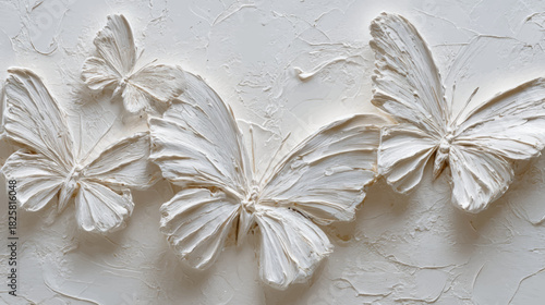 Elegant white plaster butterflies with sculptural textured wings forming a refined minimalist background ideal for luxury presentations